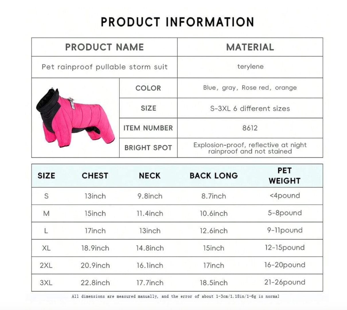 Thick 4-Leg Thermal Lined Windproof Waterproof Warm Dog Coat