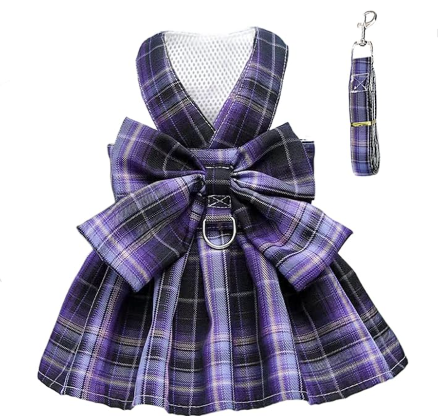 Plaid Bow Dog Dress Harness with Leash