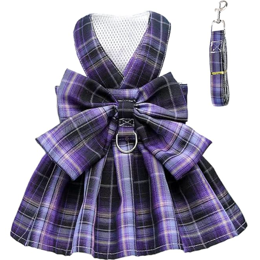 Plaid Bow Dog Dress Harness with Leash