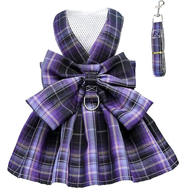 Plaid Bow Dog Dress Harness with Leash