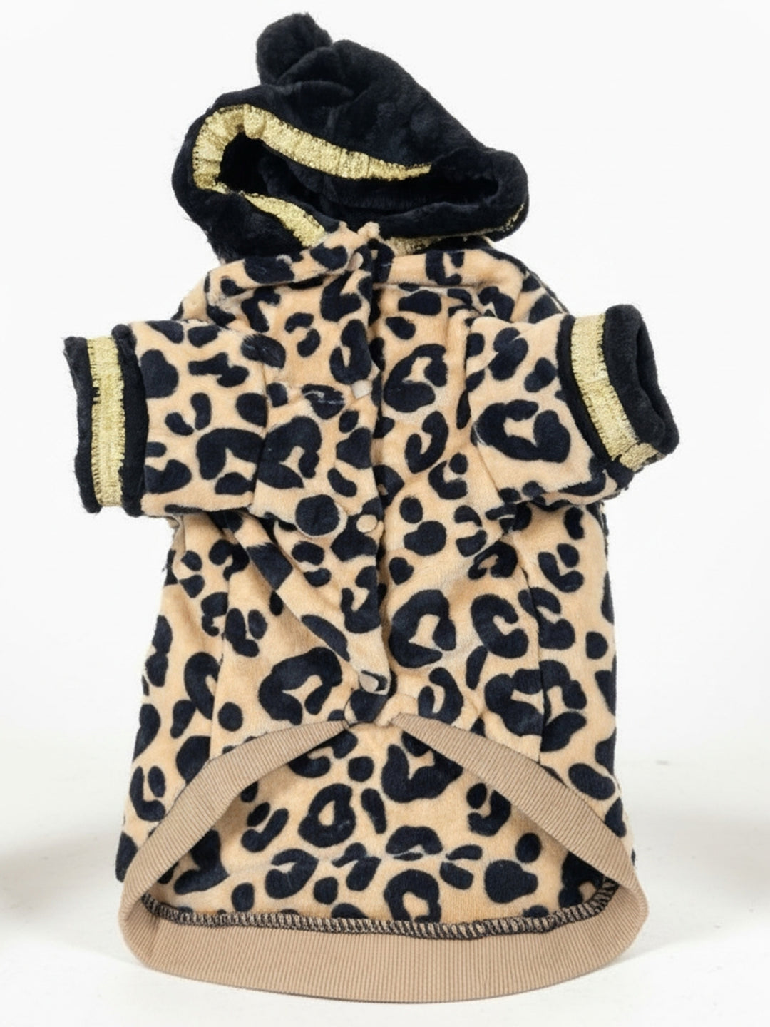 Leopard Print Hooded Dog Jacket – Black & Gold Accents