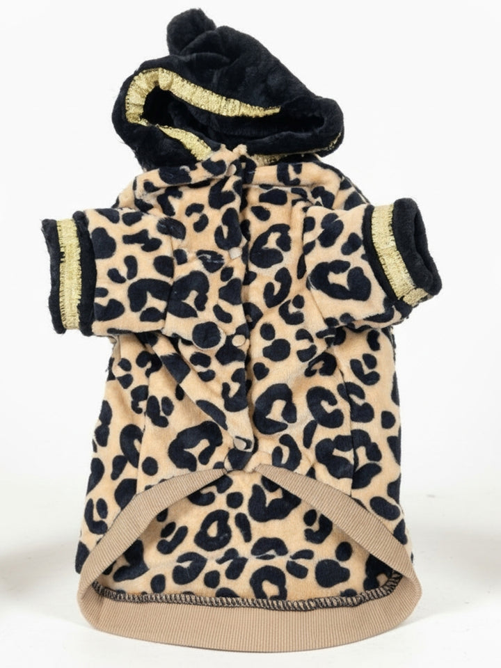 Leopard Print Hooded Dog Jacket – Black & Gold Accents