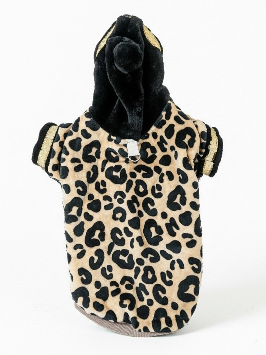 Leopard Print Hooded Dog Jacket – Black & Gold Accents