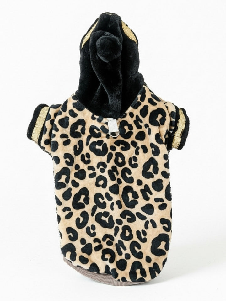 Leopard Print Hooded Dog Jacket – Black & Gold Accents