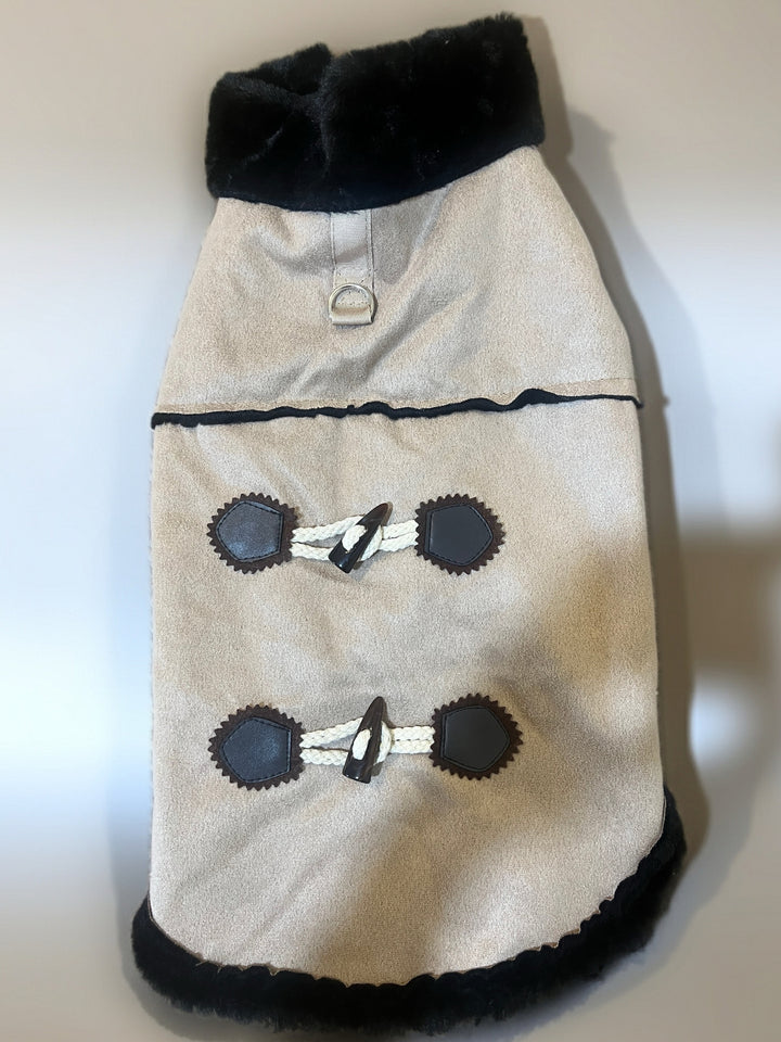 Tan Dog Coat with Black Plush Trim – Size 2XL