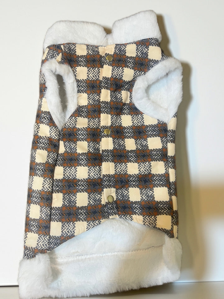 Plaid Dog Coat with White Plush Trim – Size 2XL