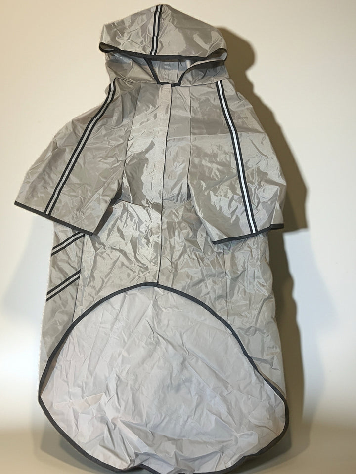 Gray Hooded Dog Raincoat with Stripe Accents