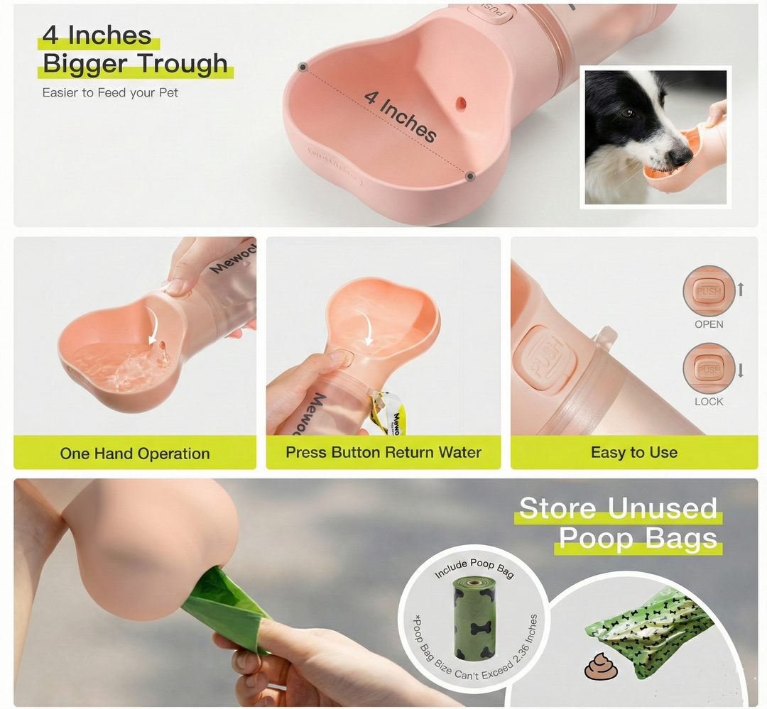 Bone-Appétit Bottle MeWooFun 2-in-1 Leak-Proof Pet Water & Feeder Bottle