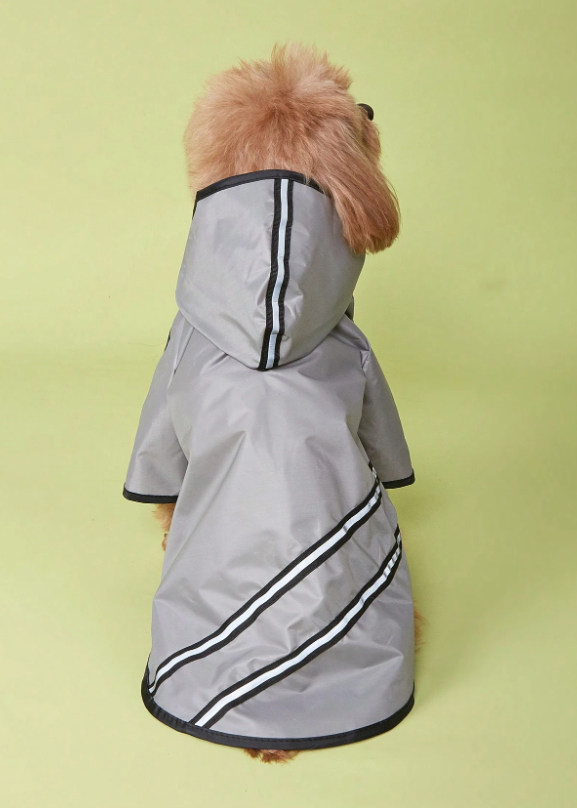 Gray Hooded Dog Raincoat with Stripe Accents